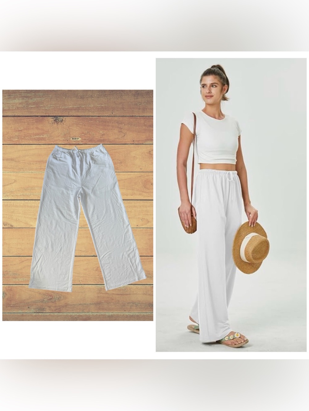 NEW Keriffe White Wide-Leg Drawstring Pants, Medium